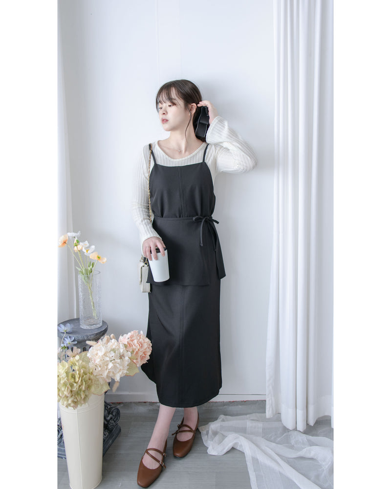 Vest Dress 可拆式腰帶中車線平領吊帶連身裙/ DS1017 (pre-order ivory 11月24截單)