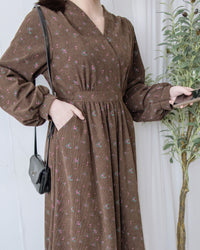 Floral Dress 燈芯絨印花顯腿長弧腰連身裙/ DS1024 (pre-order 11月24截單)