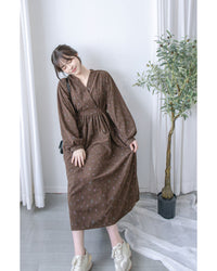 Floral Dress 燈芯絨印花顯腿長弧腰連身裙/ DS1024 (pre-order 11月24截單)