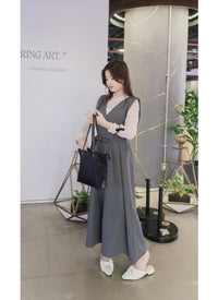 [限量現貨回歸]  Vest Belt Dress 防皺V領中間修飾線修腰背心裙/ DS9665