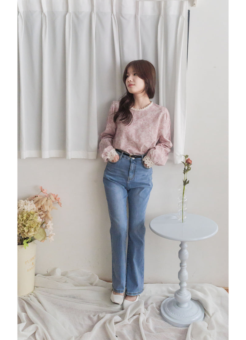 [ Limited return! Pink Only ] Line Floral Blouse/ 氣質精緻花布通花上衣/ BU9077