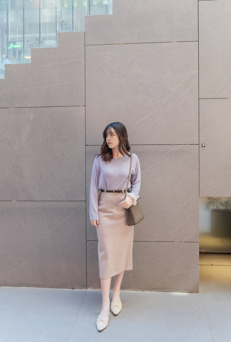 （附送腰帶) Belt Skirt 簡潔腰身偏厚棉後開叉直身裙/ SK8854