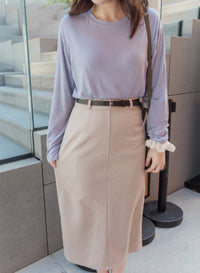 （附送腰帶) Belt Skirt 簡潔腰身偏厚棉後開叉直身裙/ SK8854