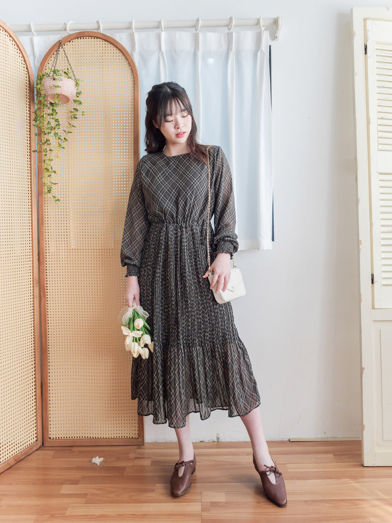 (限定熱賣重開❗) Rhombus Chiffon Dress 菱格雙百褶側束腰顯瘦連身裙/ DS9797 (pre-order 2月13日截單)