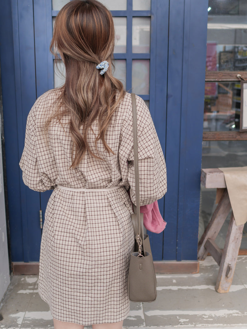 Check Side Dress 啡色小格側修腰恤衫連身裙/ DS9796
