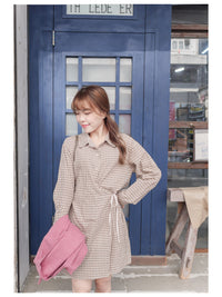 Check Side Dress 啡色小格側修腰恤衫連身裙/ DS9796