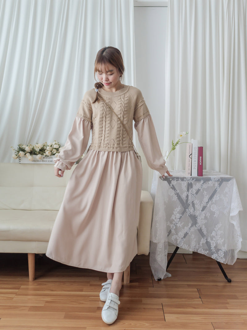 Knit Dress 設計感織紋拼布隨性連身裙/ DS9803