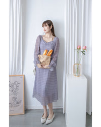 Lavender Check Dress 薰衣草方領格紋顯腰連身裙/ DS1020