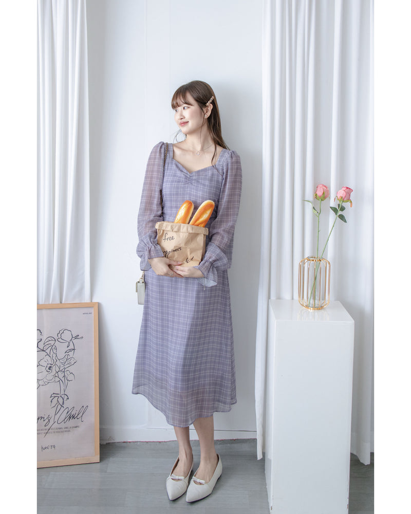 Lavender Check Dress 薰衣草方領格紋顯腰連身裙/ DS1020