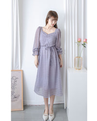 Lavender Check Dress 薰衣草方領格紋顯腰連身裙/ DS1020