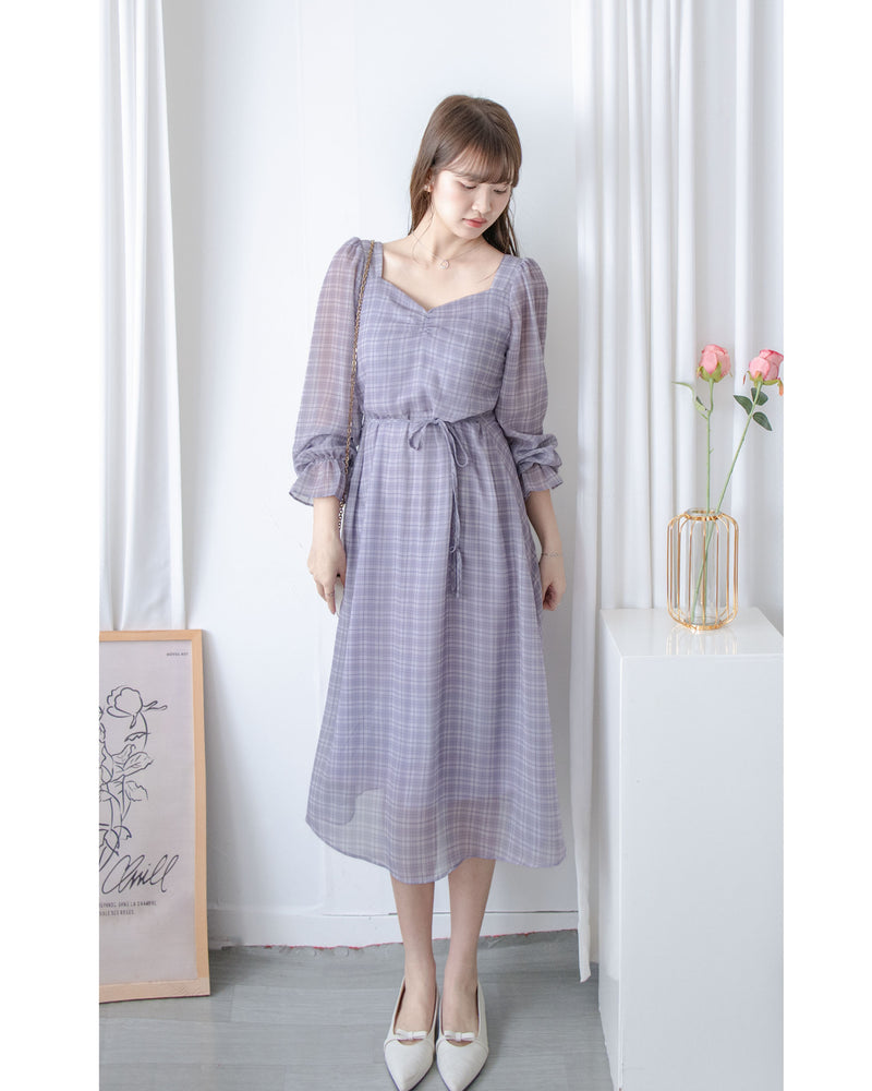 Lavender Check Dress 薰衣草方領格紋顯腰連身裙/ DS1020