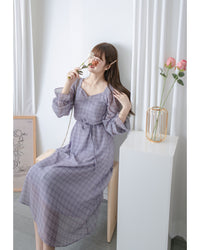 Lavender Check Dress 薰衣草方領格紋顯腰連身裙/ DS1020