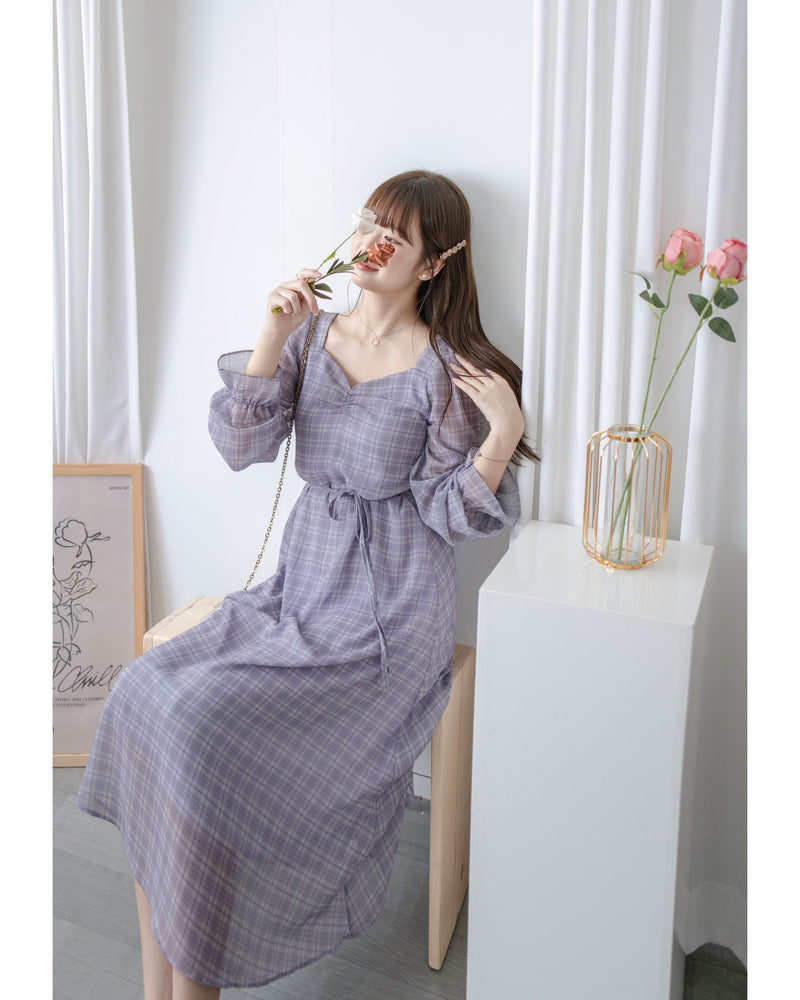 Lavender Check Dress 薰衣草方領格紋顯腰連身裙/ DS1020