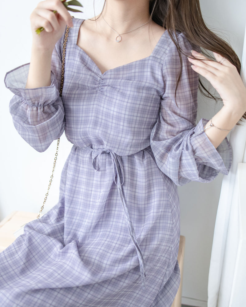 Lavender Check Dress 薰衣草方領格紋顯腰連身裙/ DS1020