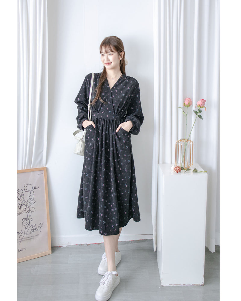 Floral Dress 燈芯絨印花顯腿長弧腰連身裙/ DS1024 (pre-order 11月24截單)