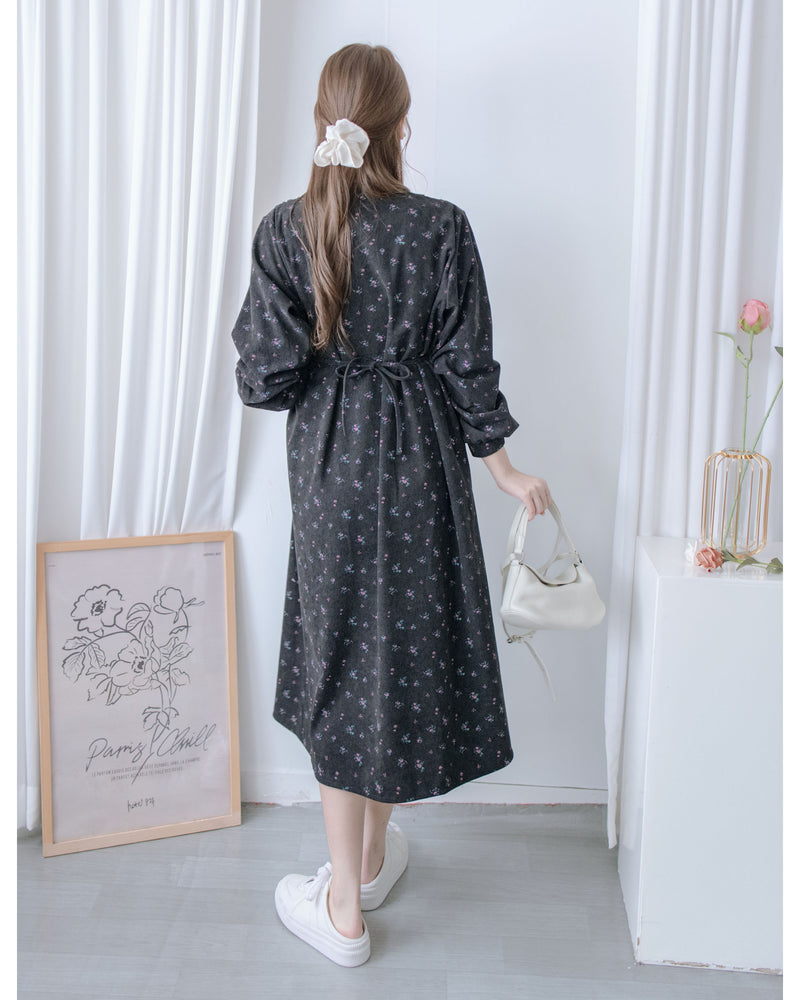 Floral Dress 燈芯絨印花顯腿長弧腰連身裙/ DS1024 (pre-order 11月24截單)