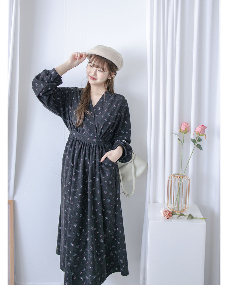 Floral Dress 燈芯絨印花顯腿長弧腰連身裙/ DS1024 (pre-order 11月24截單)