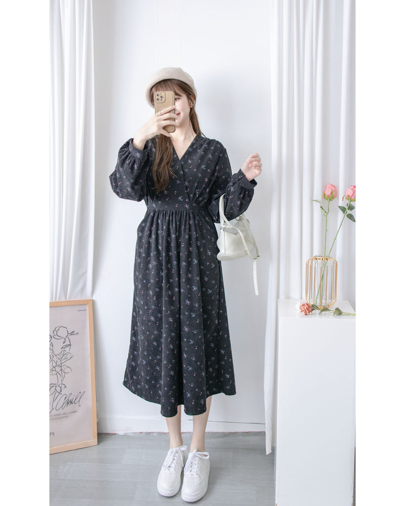 Floral Dress 燈芯絨印花顯腿長弧腰連身裙/ DS1024 (pre-order 11月24截單)