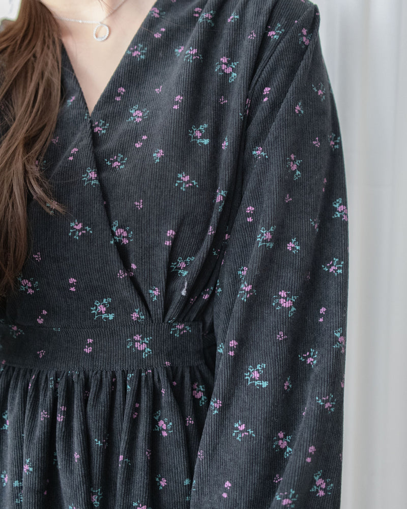 Floral Dress 燈芯絨印花顯腿長弧腰連身裙/ DS1024 (pre-order 11月24截單)