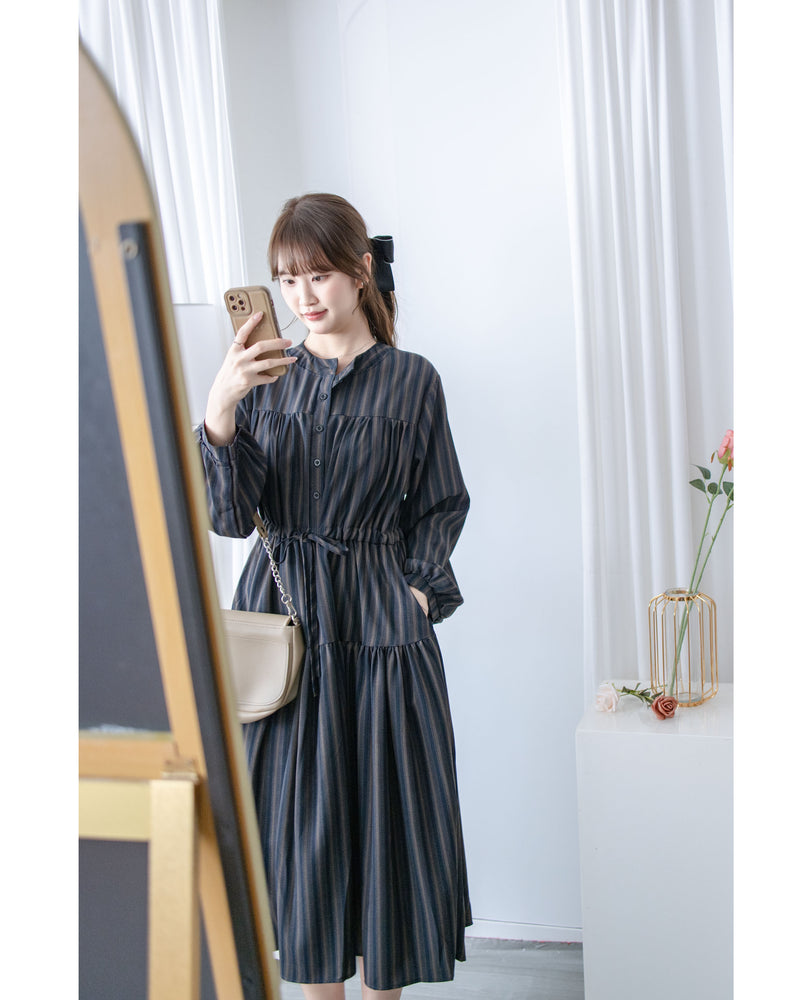 French Stripe Dress 全裡布藍灰色法式直紋綁帶連身裙/ DS1018 (韓國已停售)
