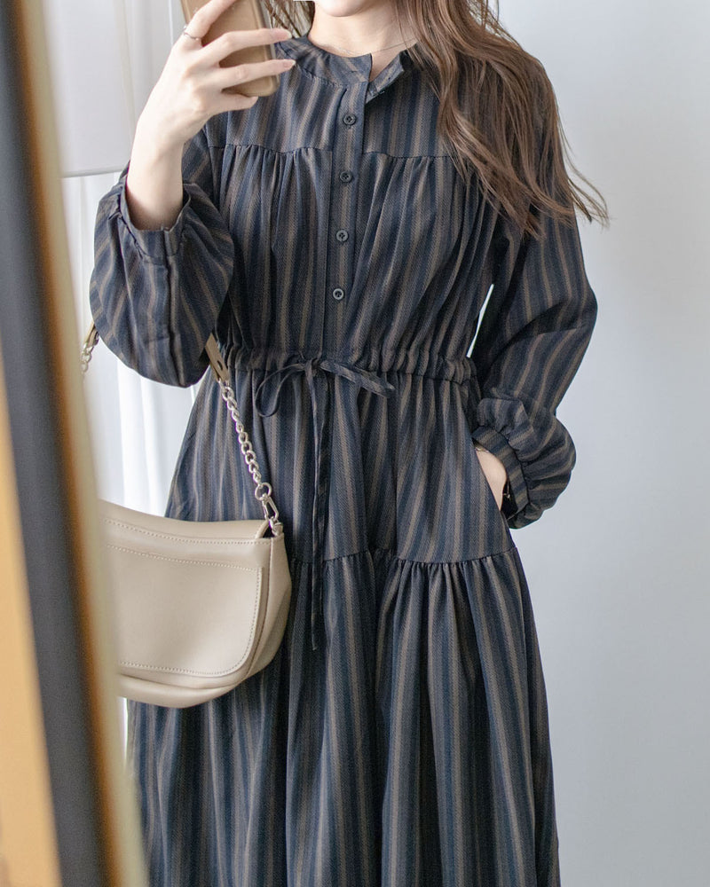 French Stripe Dress 全裡布藍灰色法式直紋綁帶連身裙/ DS1018 (韓國已停售)