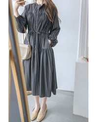 French Stripe Dress 全裡布藍灰色法式直紋綁帶連身裙/ DS1018 (韓國已停售)