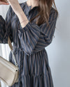 French Stripe Dress 全裡布藍灰色法式直紋綁帶連身裙/ DS1018 (韓國已停售)