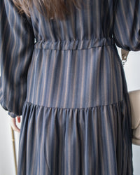 French Stripe Dress 全裡布藍灰色法式直紋綁帶連身裙/ DS1018 (韓國已停售)