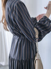 French Stripe Dress 全裡布藍灰色法式直紋綁帶連身裙/ DS1018 (韓國已停售)