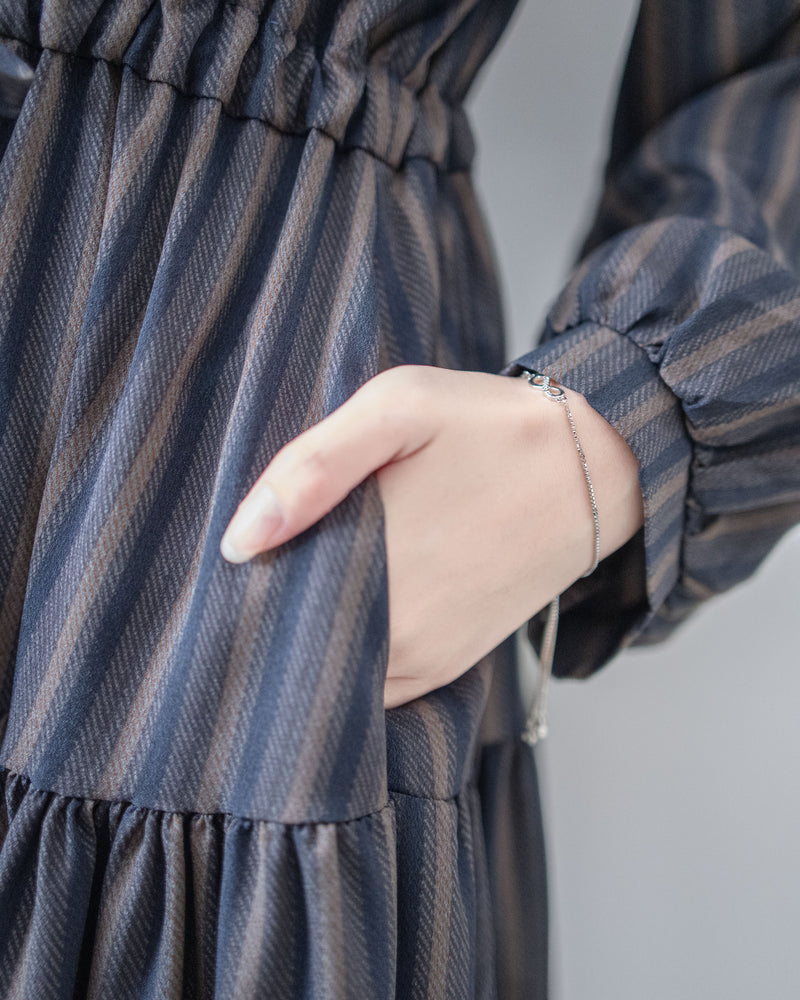 French Stripe Dress 全裡布藍灰色法式直紋綁帶連身裙/ DS1018 (韓國已停售)