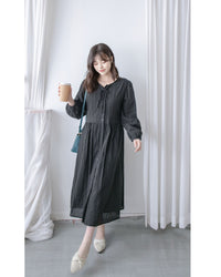 French Dress 織紋直條通花舒適連身裙/ DS1027