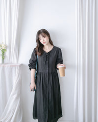 French Dress 織紋直條通花舒適連身裙/ DS1027