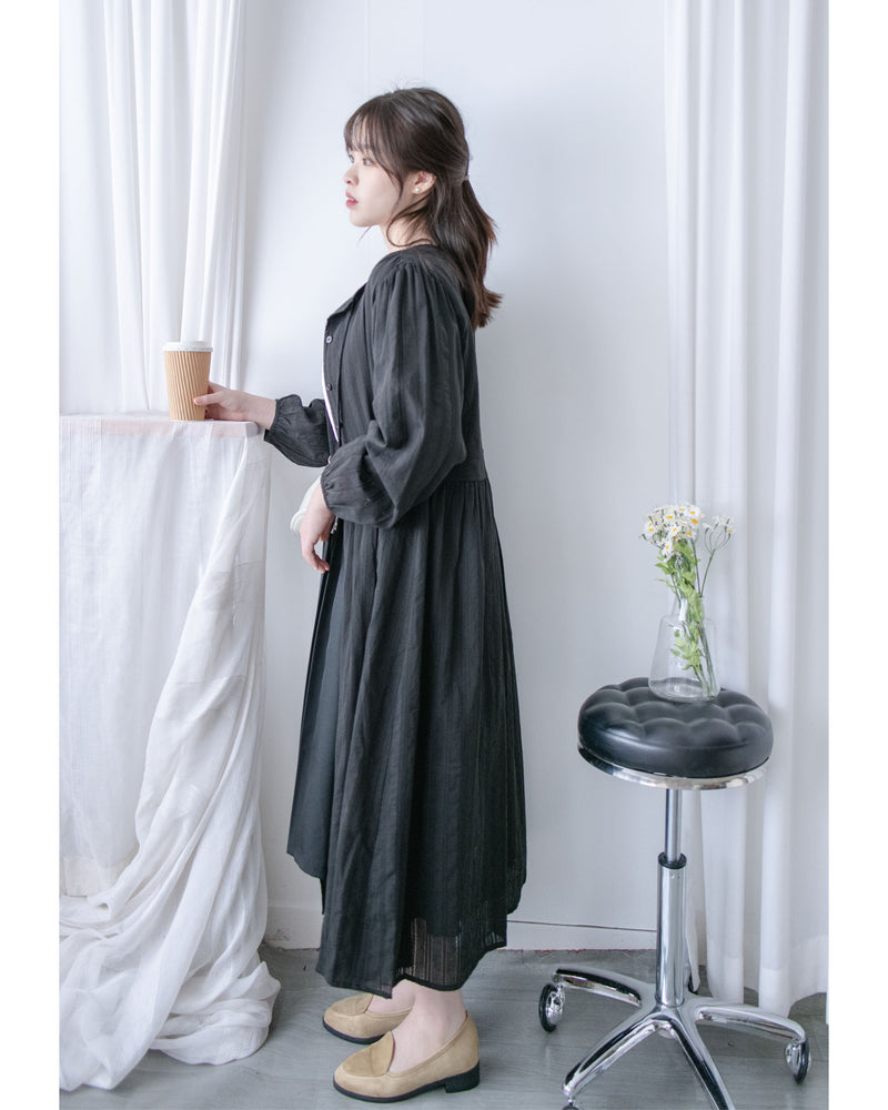 French Dress 織紋直條通花舒適連身裙/ DS1027