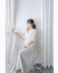 French Dress 織紋直條通花舒適連身裙/ DS1027