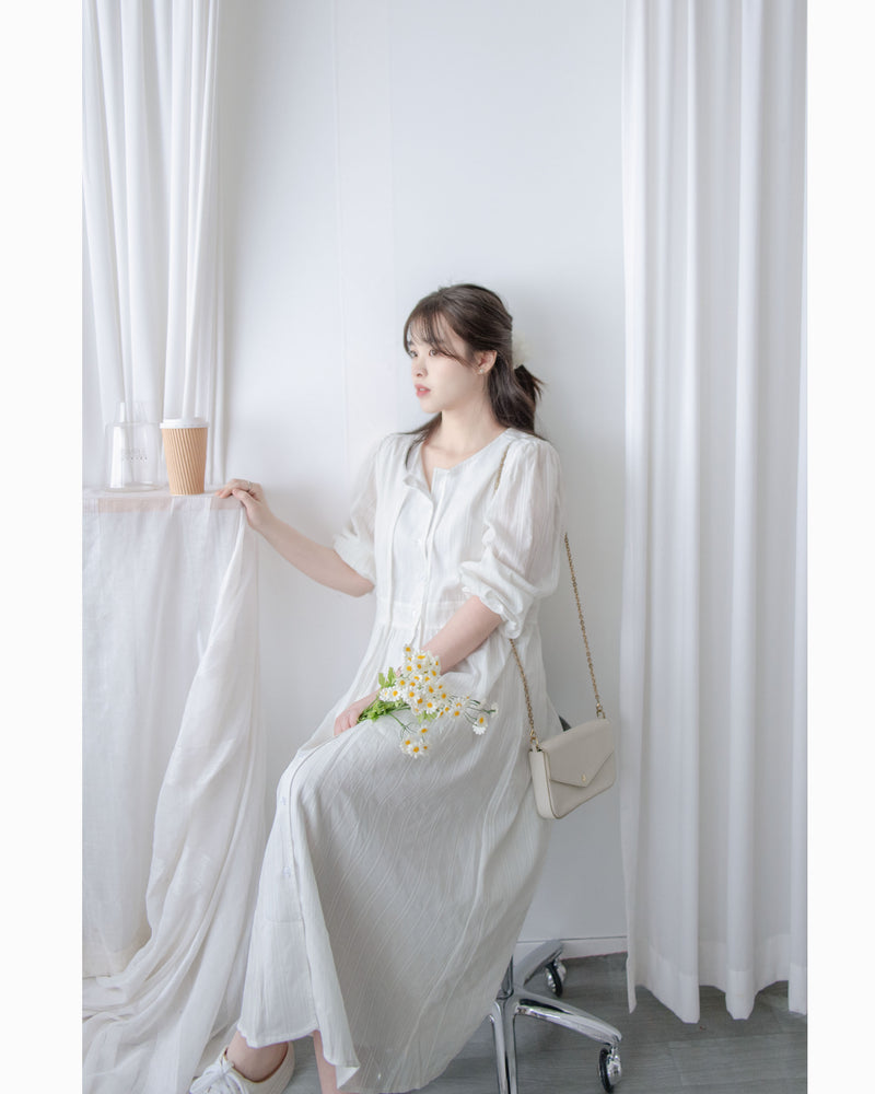 French Dress 織紋直條通花舒適連身裙/ DS1027