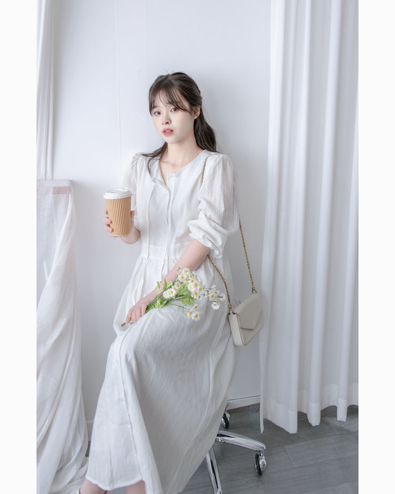 French Dress 織紋直條通花舒適連身裙/ DS1027