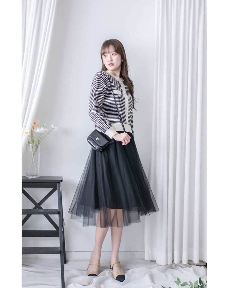 COCO Dress 優雅千鳥格紋黑色紗裙假兩件連身裙/ DS1033