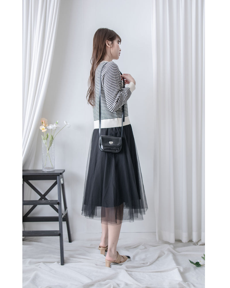 COCO Dress 優雅千鳥格紋黑色紗裙假兩件連身裙/ DS1033