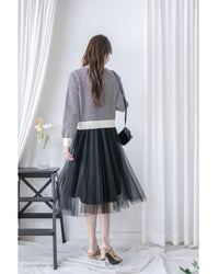 COCO Dress 優雅千鳥格紋黑色紗裙假兩件連身裙/ DS1033