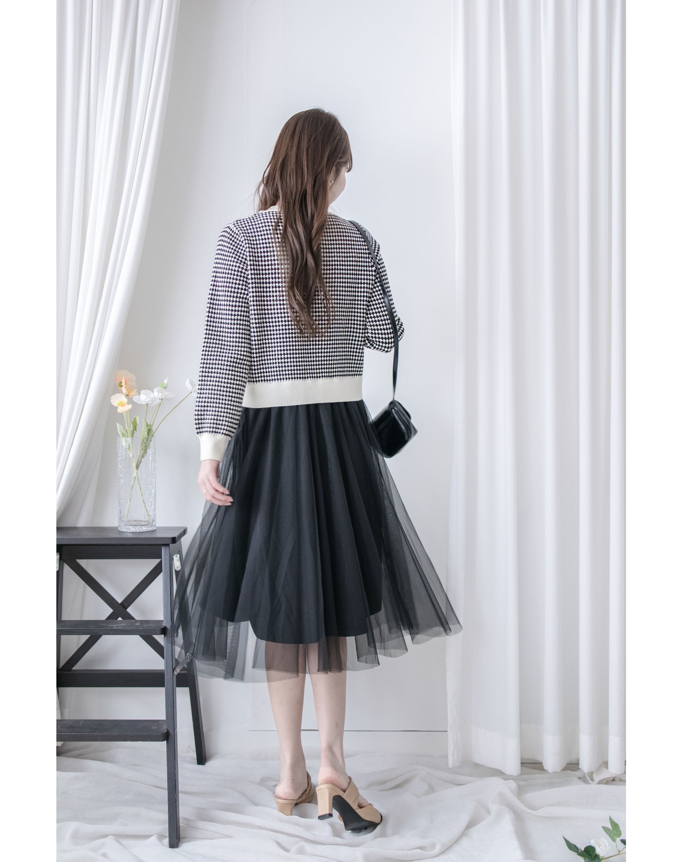 COCO Dress 優雅千鳥格紋黑色紗裙假兩件連身裙/ DS1033