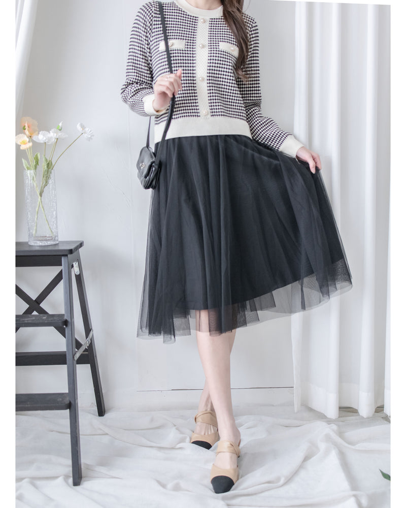 COCO Dress 優雅千鳥格紋黑色紗裙假兩件連身裙/ DS1033