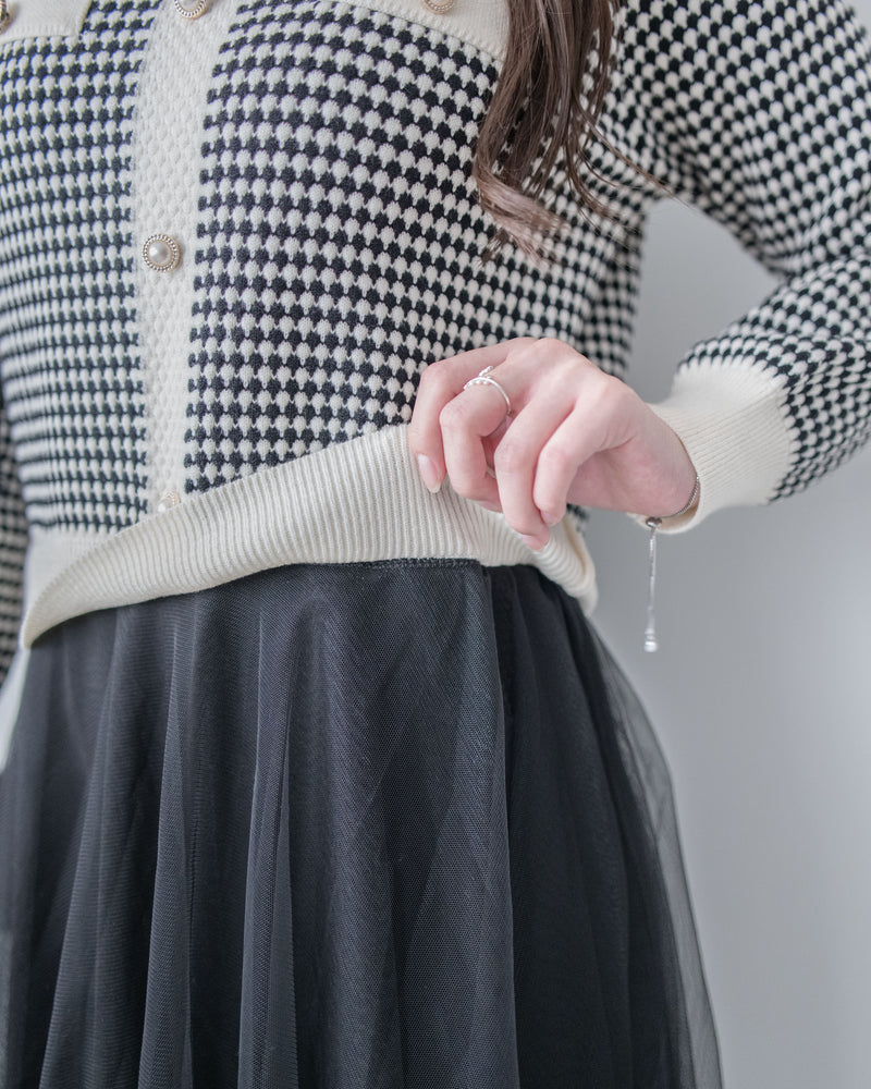 COCO Dress 優雅千鳥格紋黑色紗裙假兩件連身裙/ DS1033