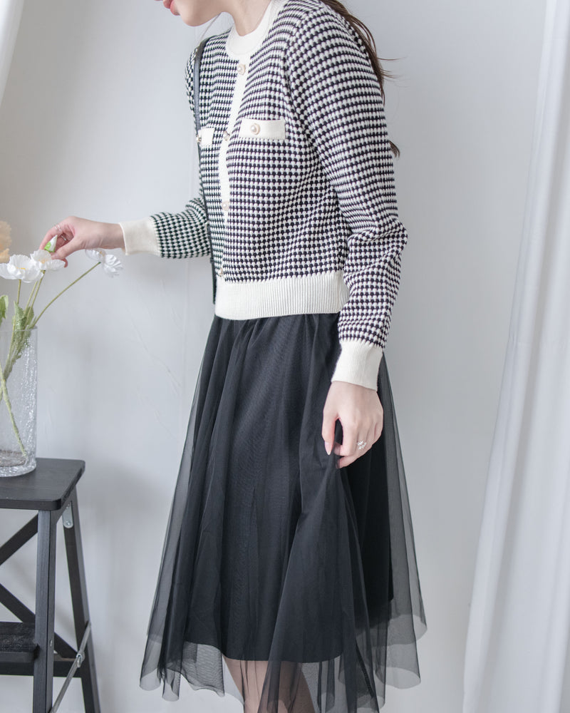 COCO Dress 優雅千鳥格紋黑色紗裙假兩件連身裙/ DS1033