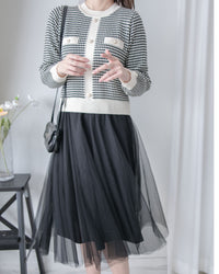 COCO Dress 優雅千鳥格紋黑色紗裙假兩件連身裙/ DS1033