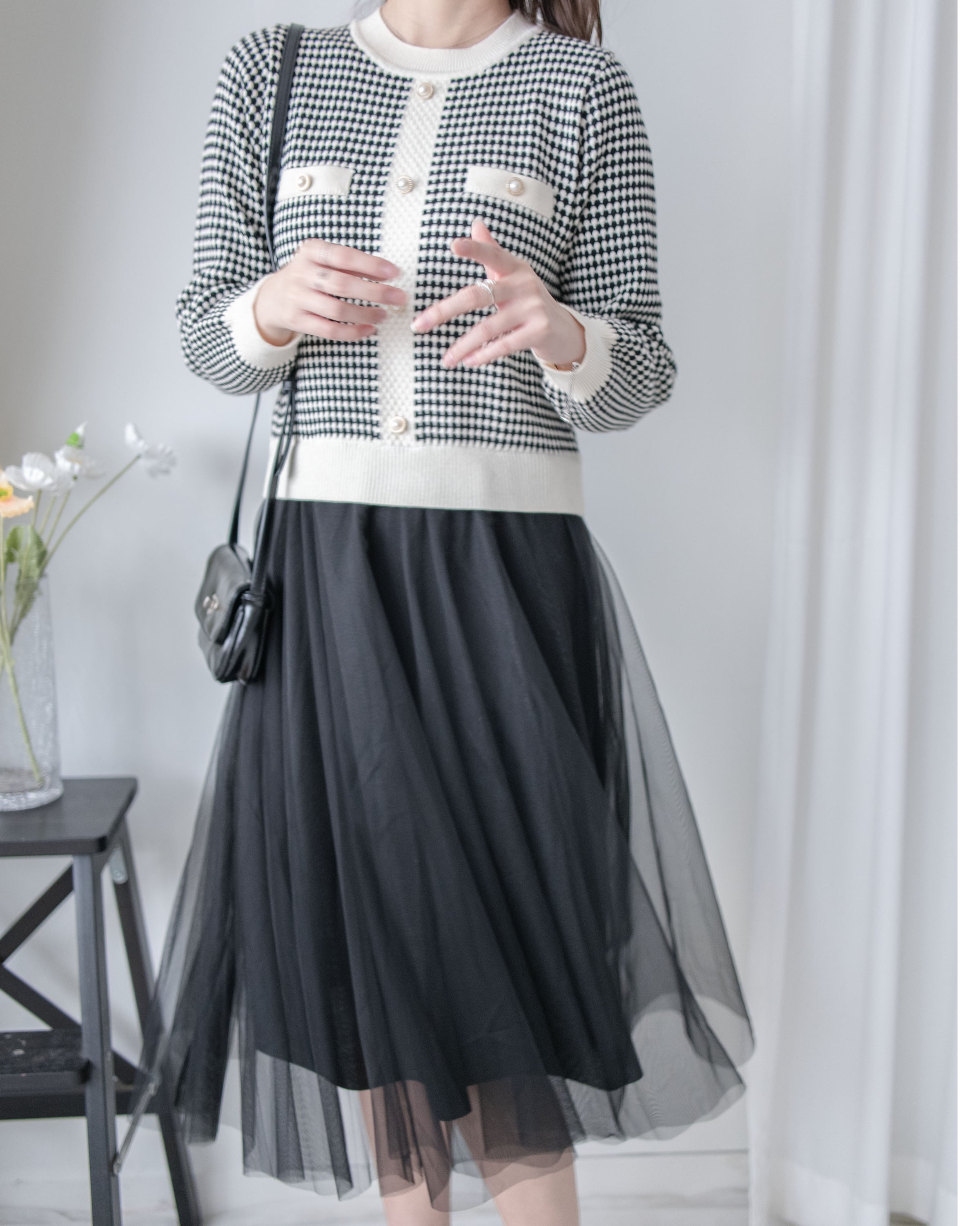 COCO Dress 優雅千鳥格紋黑色紗裙假兩件連身裙/ DS1033