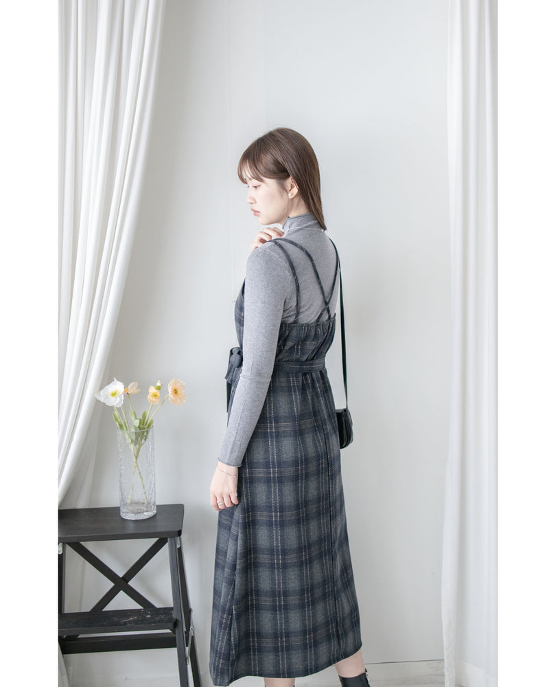 Check Set 後交叉帶吊帶格紋連身裙 （一Set兩件）/SE8096
