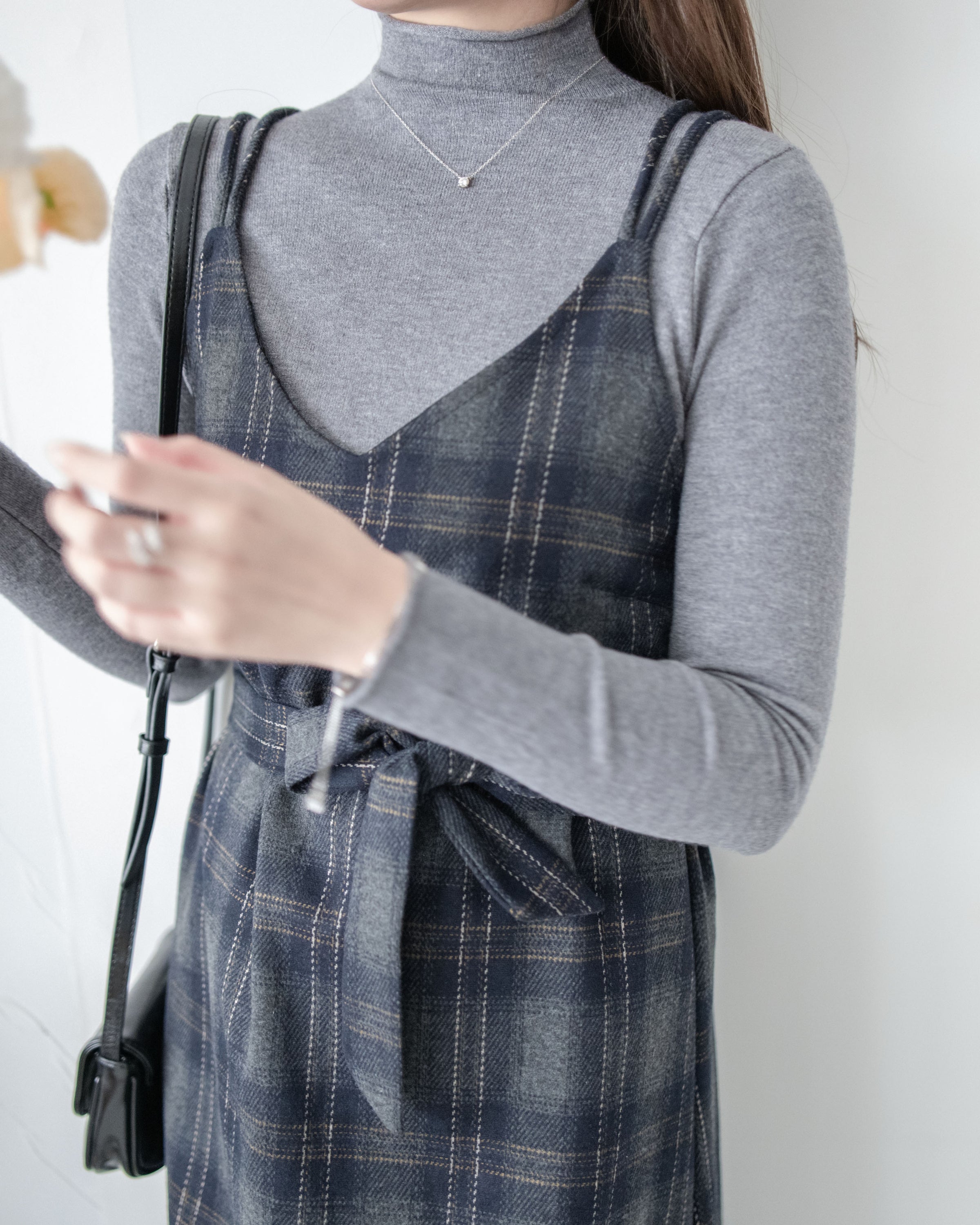 Check Set 後交叉帶吊帶格紋連身裙 （一Set兩件）/SE8096