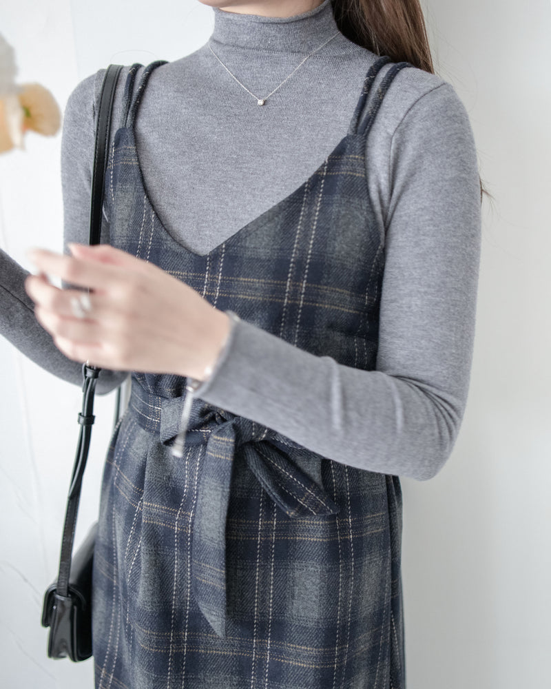 Check Set 後交叉帶吊帶格紋連身裙 （一Set兩件）/SE8096