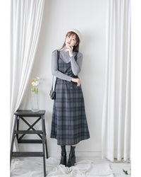 Check Set 後交叉帶吊帶格紋連身裙 （一Set兩件）/SE8096