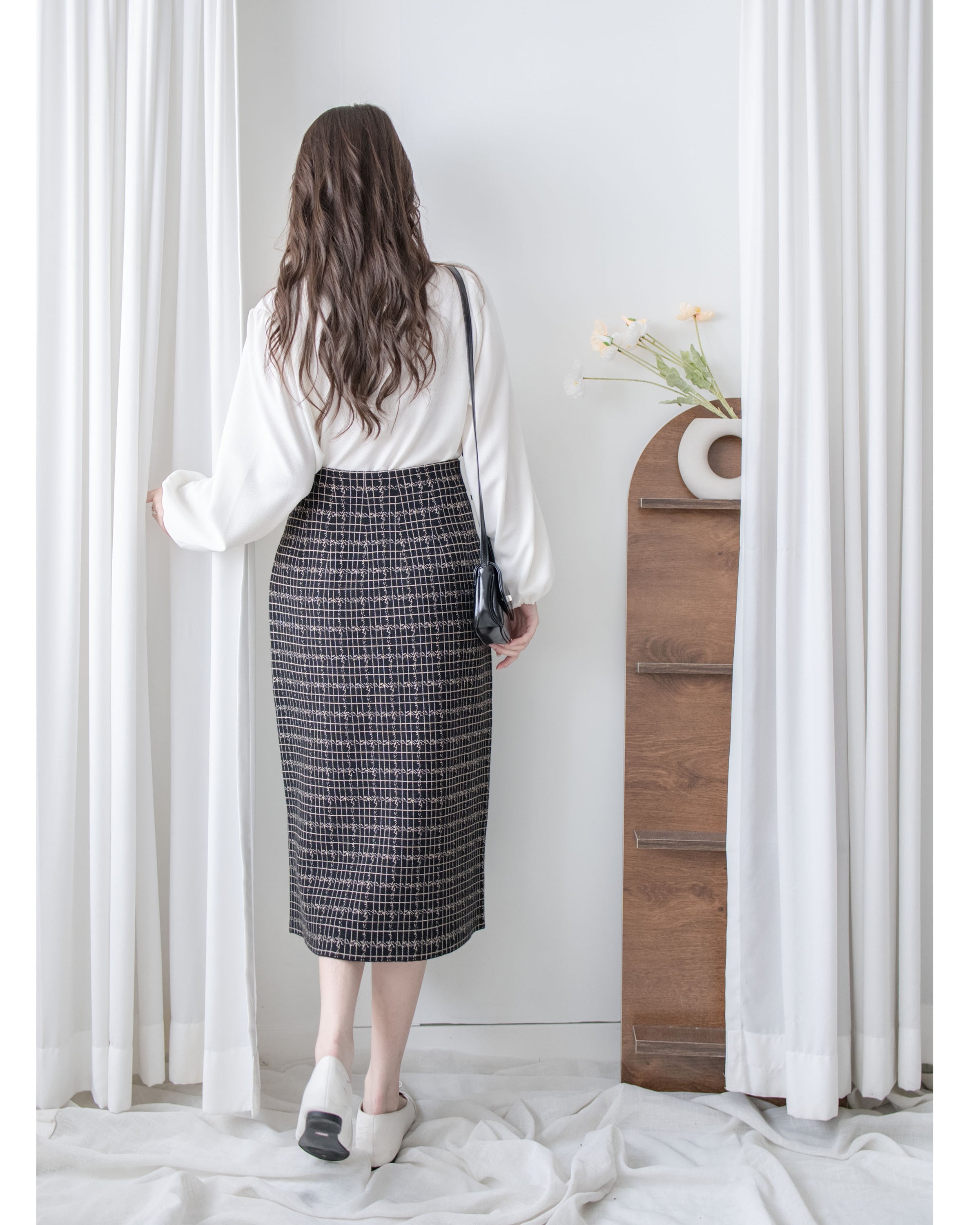 Checked Skirt 彈性A字立體微開衩格紋裙/ SK8918